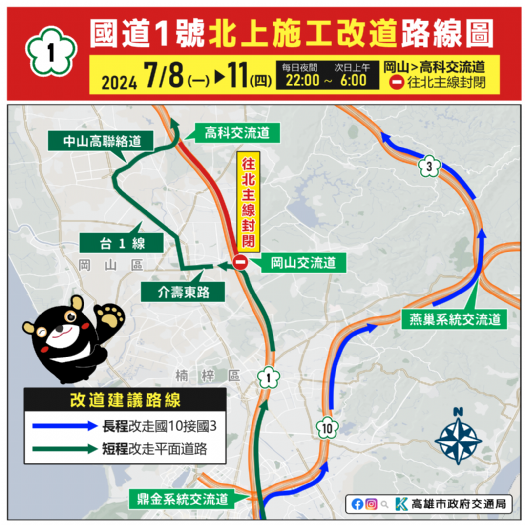 國道1號北上岡山至高科路段夜間施工改道提醒