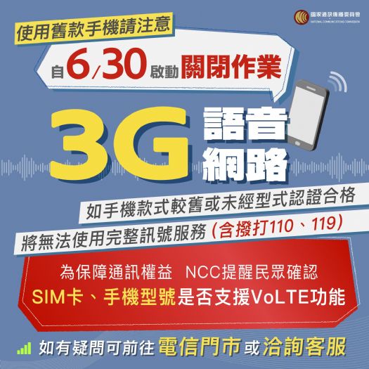 台灣將於2024年6月結束3G服務，推動4G升級，提升電信效能