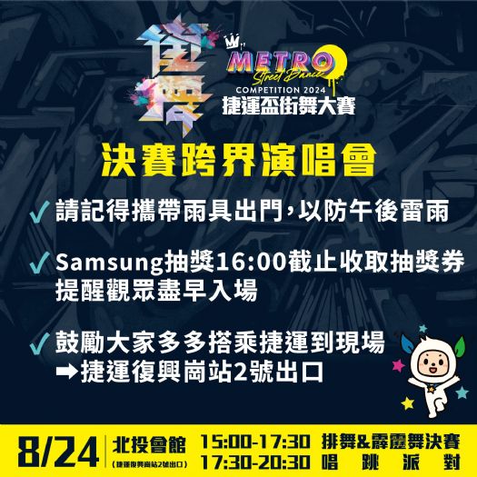 2024捷運盃街舞大賽決賽暨跨界演唱會即將開幕，快來享受精彩瞬間！